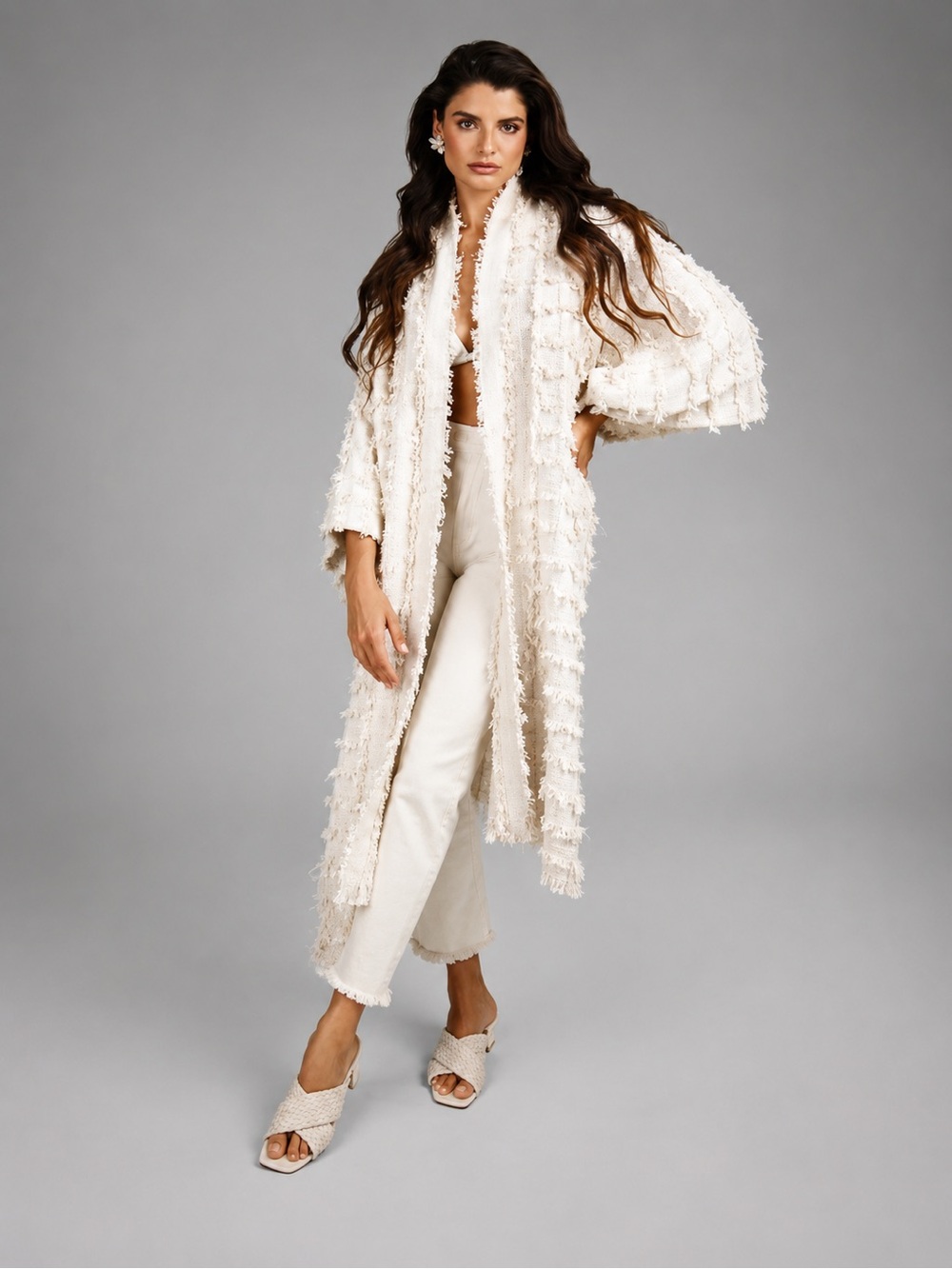 Ivory Fringe Long Jacket by Saachi